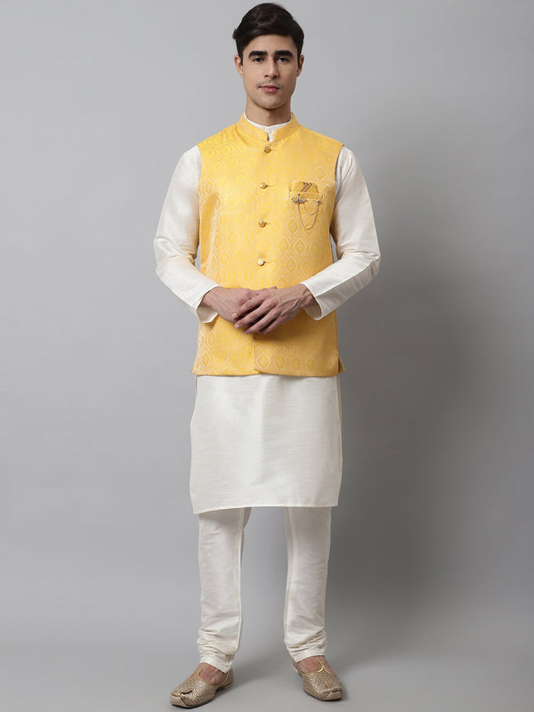 Men Off White Solid Kurta Pyjama with Yellow Woven Design Nehru Jacket