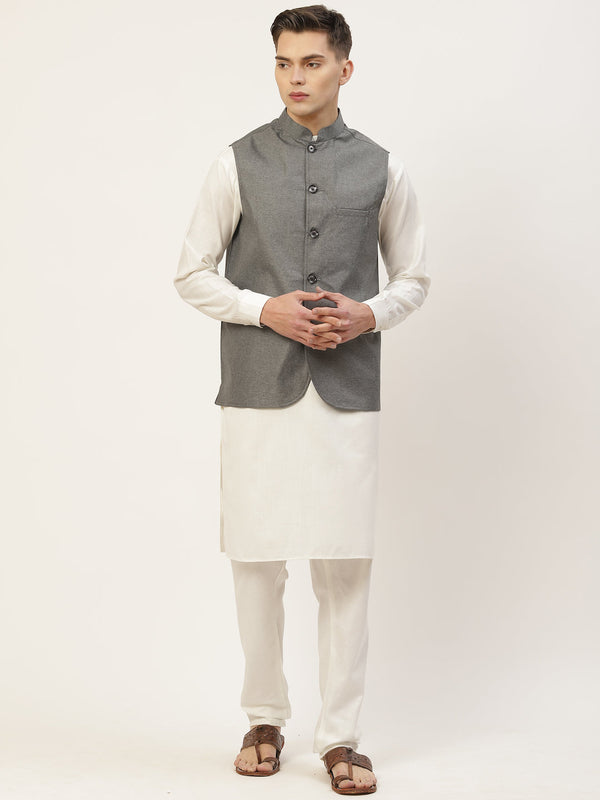 Men's Kurta Pyjama With Charcoal Grey Solid Nehru Jacket