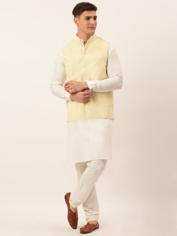 Men White Cotton Blend Kurta with Pyjamas & Yellow Embroidered Nehru Jacket