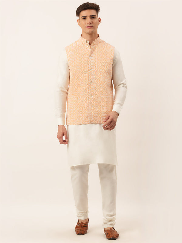 Men White Cotton Blend Kurta with Pyjamas & Orange Embroidered Nehru Jacket