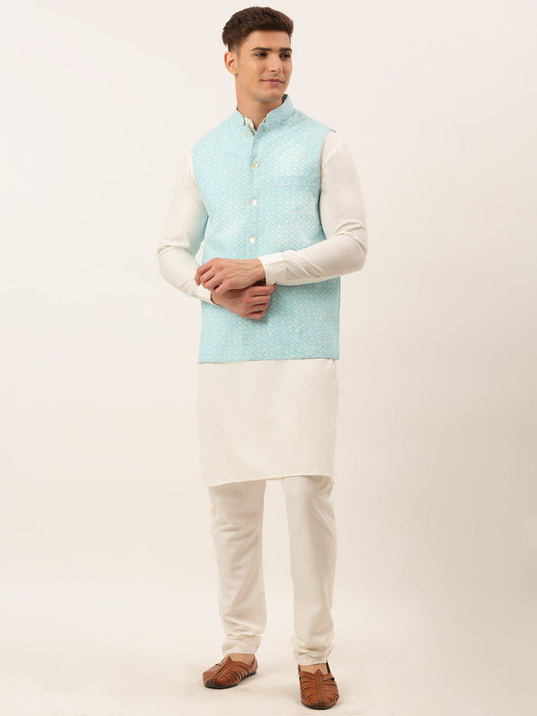 Men White Cotton Blend Kurta with Pyjamas & Sky Blue Embroidered Nehru Jacket