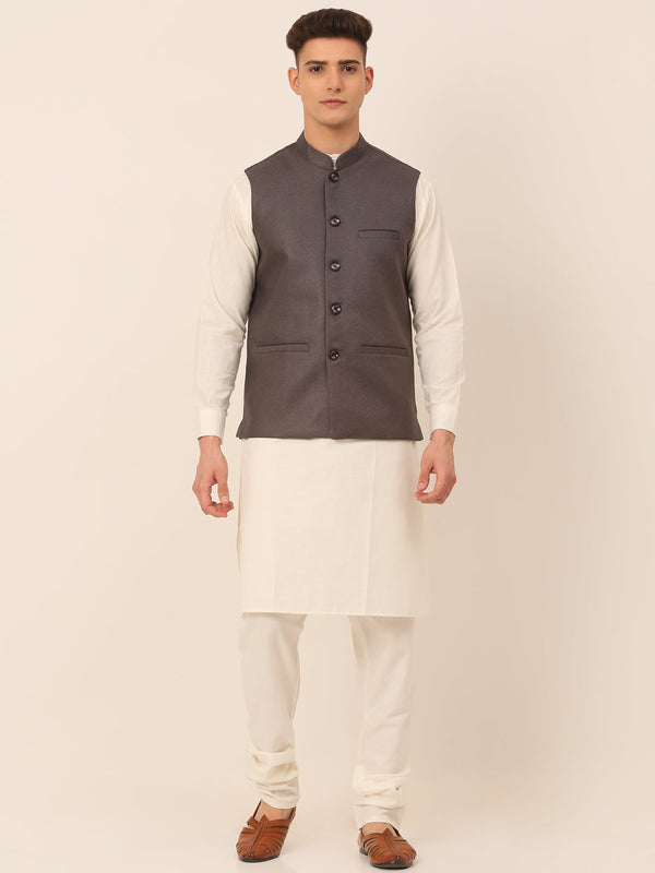 Men's Solid Kurta Pyjama With Nehru Jacket