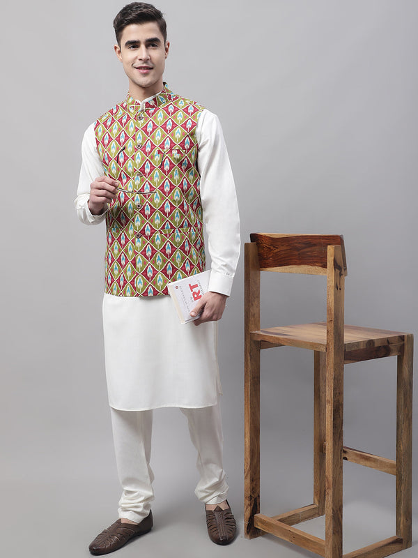 Men off-White Solid Kurta Pyjama with  Olive Printed Nehru Jacket