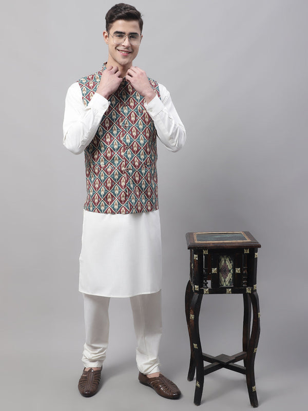 Men off-White Solid Kurta Pyjama with  Teal Blue Printed Nehru Jacket