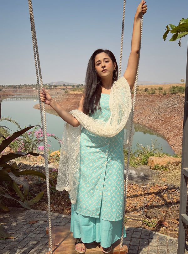 Jashvi Printed Blue Kurta with Palazzos & With Chikankari Dupatta