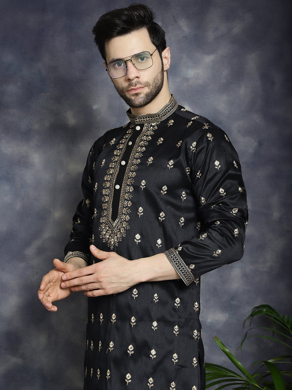 Men's Black Chikankari Embroidered Kurta With Pyjama - Taantav