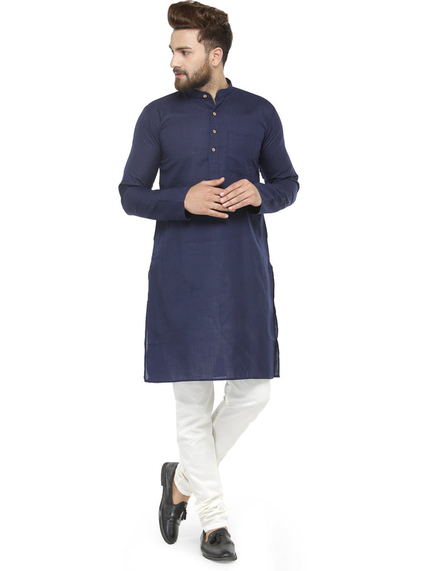 Men's Navy Blue & White Solid Kurta with Churidar ( JOKP 532 Navy ) - Virat Fashions