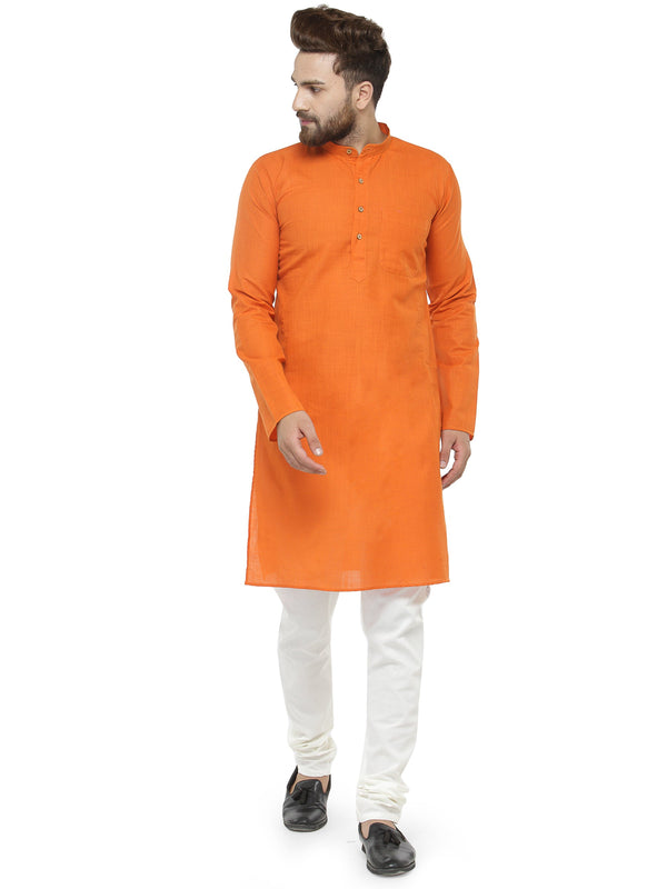 Orange & White Solid Kurta with Churidar