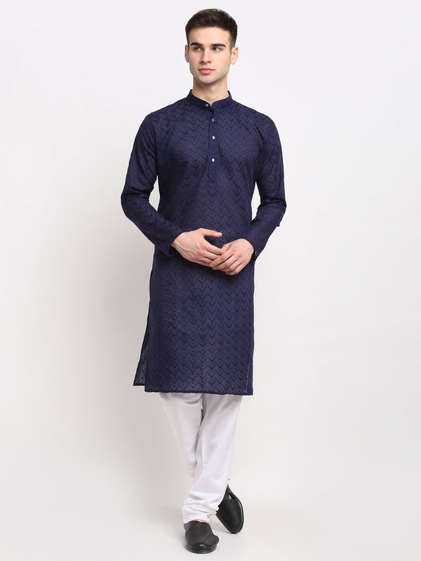 Men's Navy Blue Chikan Kurta With Churidar ( Jokp 561 Navy ) - Virat Fashions