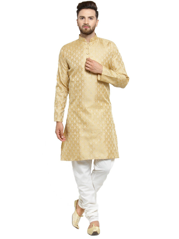 Men's Golden Self Design Kurta with Churidar ( JOKP 568 Golden ) - Virat Fashions