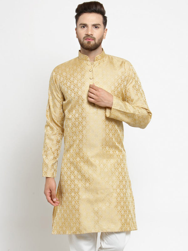 Men's Golden Self Design Kurta Only ( KO 568 Golden ) - Virat Fashions