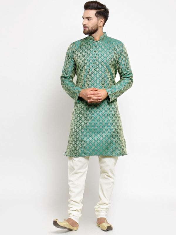 Men's Green & Beige Self Design Kurta with Churidar ( JOKP 568 Green ) - Virat Fashions