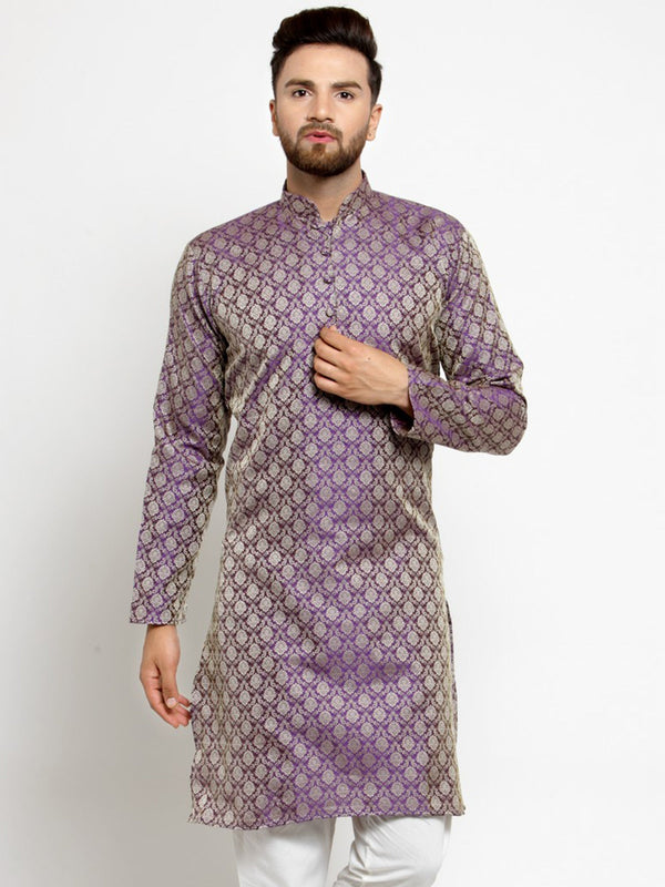 Men's Purple & Beige Self Design Kurta Only ( KO 568 Purple ) - Virat Fashions