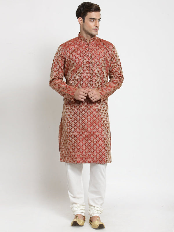 Men Red & Beige Self Design Kurta with Churidar