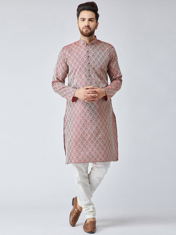 Men's Maroon & Off-White Self Design Kurta Only ( KO 569Maroon ) - Virat Fashions