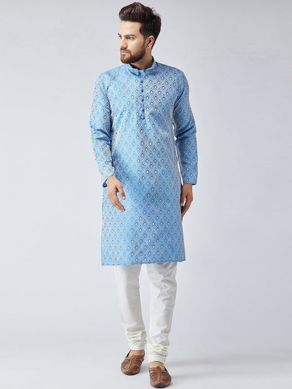 Men's Sky Blue & Off-White Self Design Kurta Only ( KO 569Sky ) - Virat Fashions