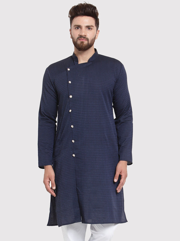 Men's Navy Self Design Kurta Only ( KO 572 Navy ) - Virat Fashions