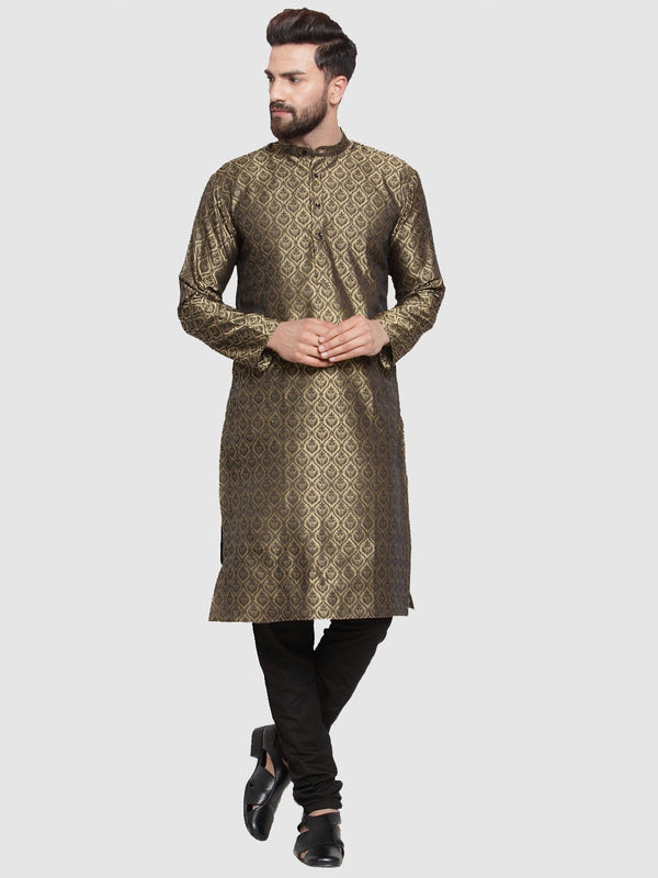 Men's Gold-Colored & Black Self Design Kurta with Churidar ( JOKP 584 Golden ) - Virat Fashions