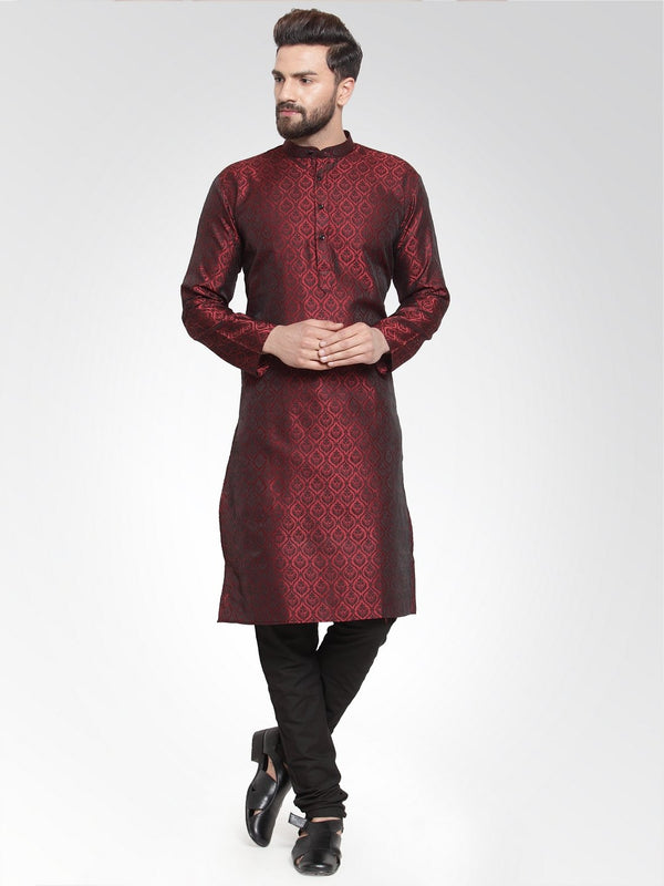 Men's Maroon-Colored & Black Self Design Kurta with Churidar ( JOKP 584 Maroon ) - Virat Fashions