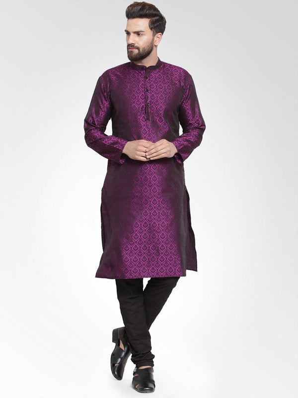 Men's Purple-Colored & Black Self Design Kurta with Churidar ( JOKP 584 Purple ) - Virat Fashions