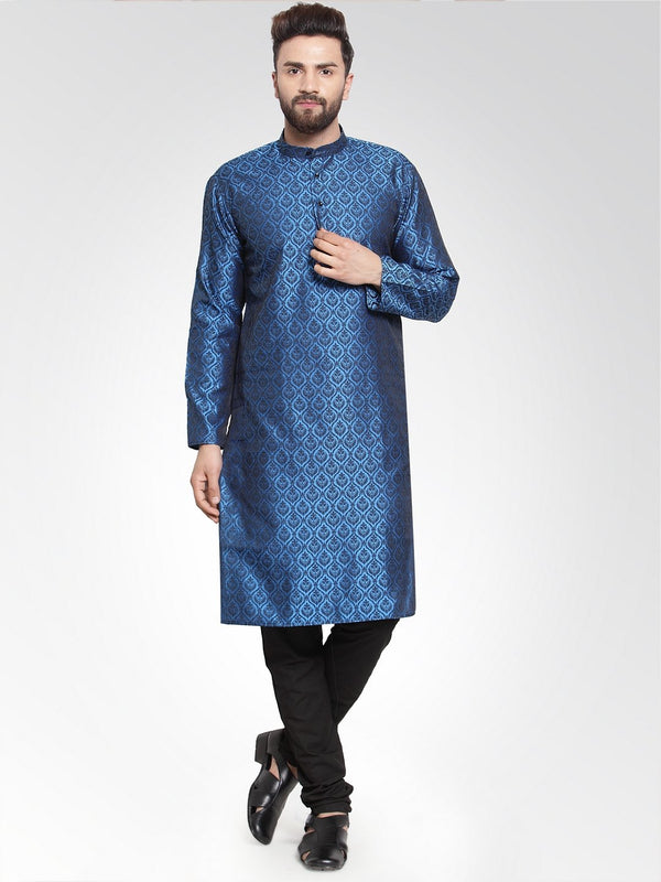 Men's Royal-Blue Colored & Black Self Design Kurta with Churidar ( JOKP 584 Royal Blue ) - Virat Fashions