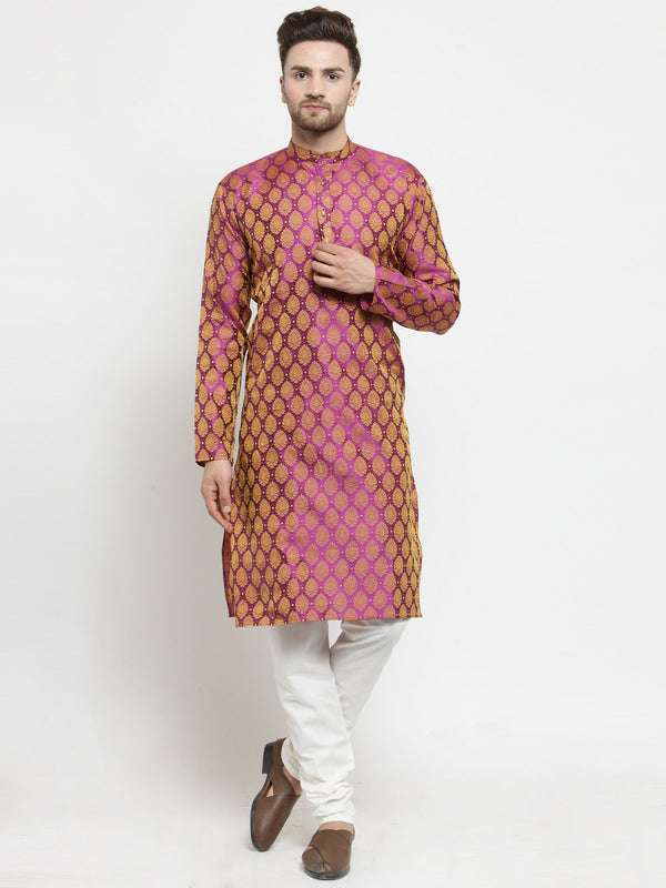 Men Pink-Colored & Golden Self Design Kurta with Churidar