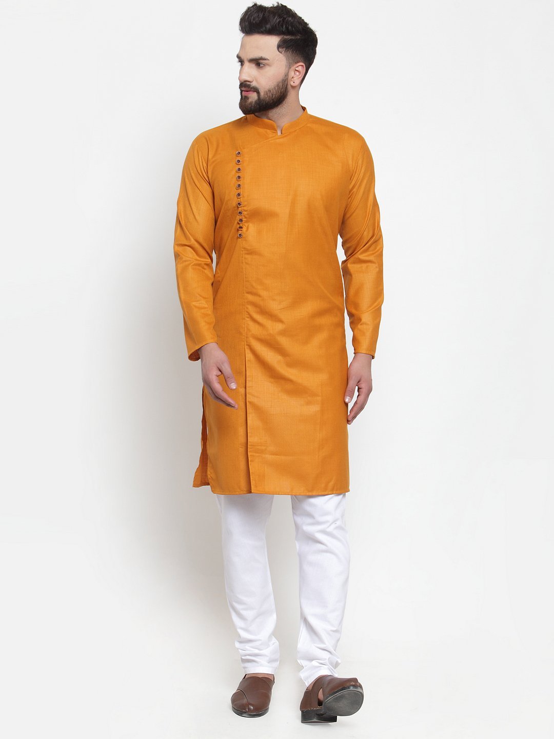 Men Mustard Yellow Kurta with Churidar by Virat Fashions (2pcs Set)