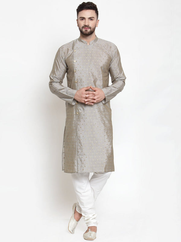 Men's Grey & Golden Self Design Kurta with Churidar ( JOKP 590 Grey ) - Virat Fashions