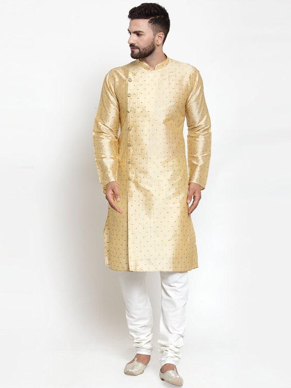 Men's Mustard & Golden Self Design Kurta with Churidar ( JOKP 590 Mustard ) - Virat Fashions