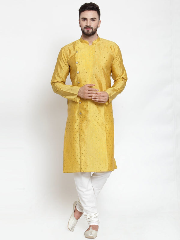 Men's Yellow & Golden Self Design Kurta with Churidar ( JOKP 590 Yellow ) - Virat Fashions