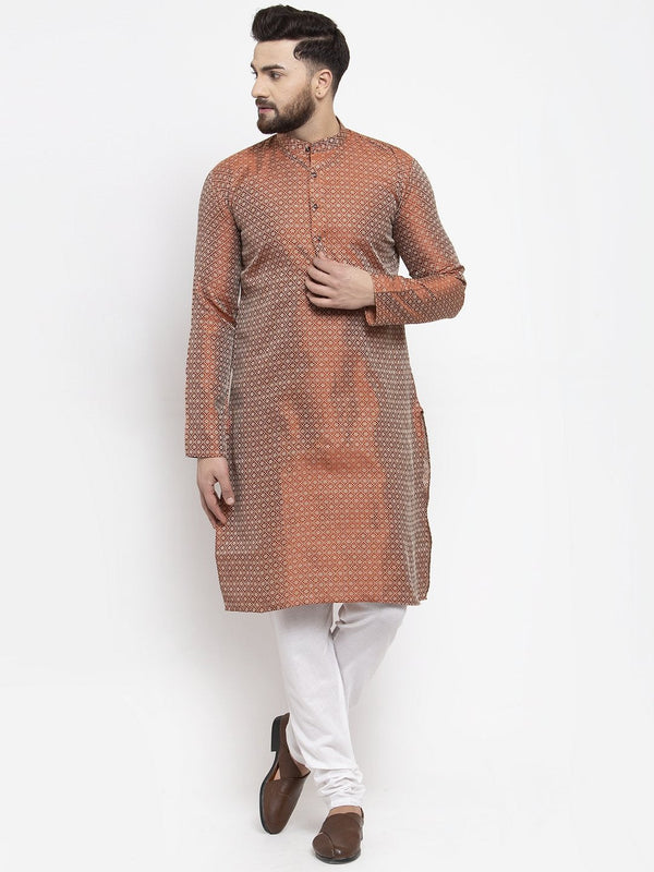 Men's Orange & White Woven Design Kurta with Churidar ( JOKP 596 Orange ) - Virat Fashions