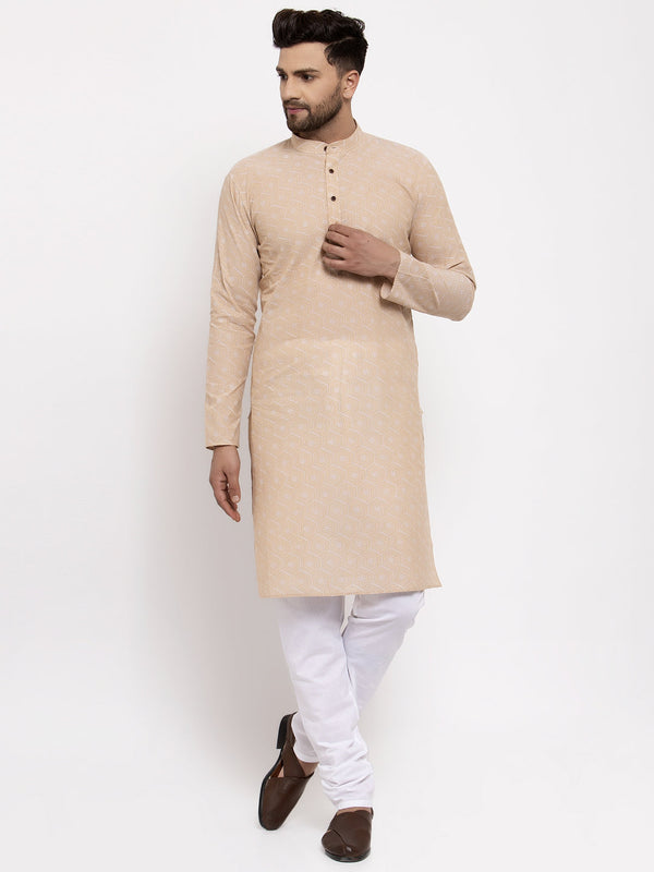 Men's Beige Cotton Printed Kurta Payjama Set ( JOKP 604 Beige ) - Virat Fashions