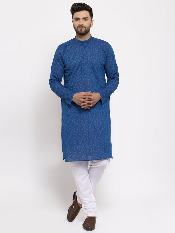 Men's Blue Cotton Printed Kurta Payjama Set ( JOKP 604 Blue ) - Virat Fashions