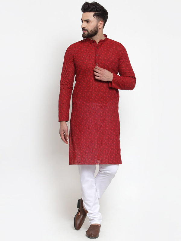 Men's Red Printed Kurta with White Churidar ( JOKP 604 Red ) - Virat Fashions