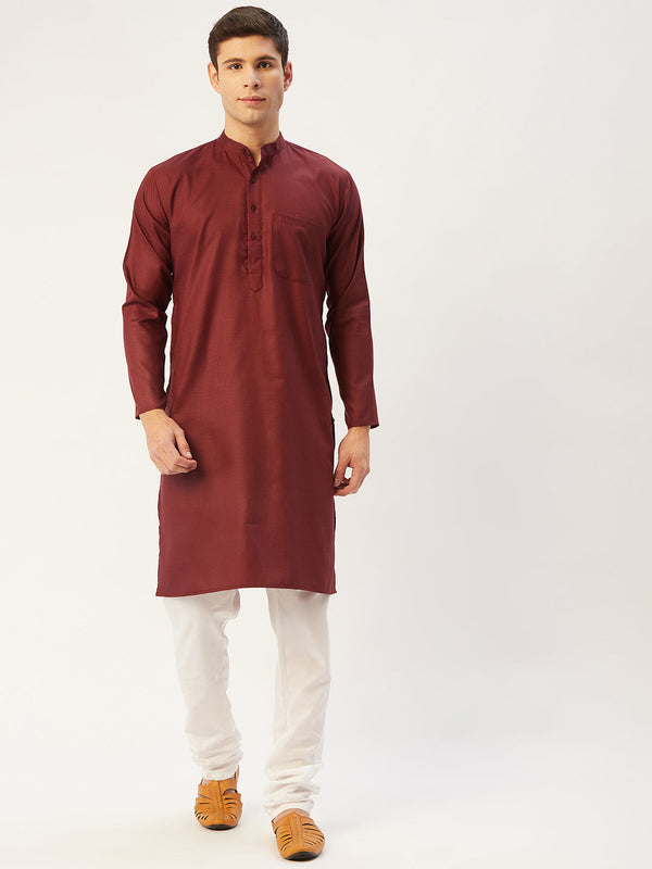 Men's Maroon Cotton Solid Kurta Pyjama ( JOKP 611 Maroon ) - Virat Fashions