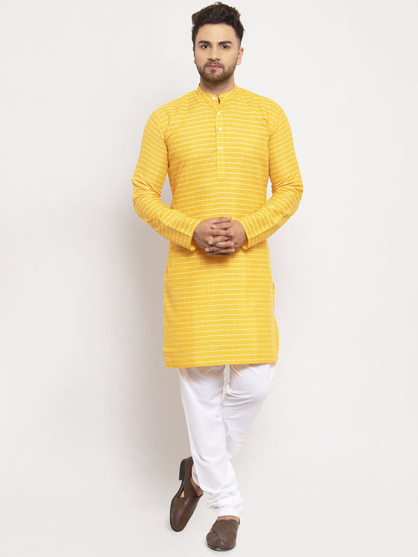 Men's Yellow Woven Design Straight Kurta with Churidar ( JOKP 616 Yellow ) - Virat Fashions