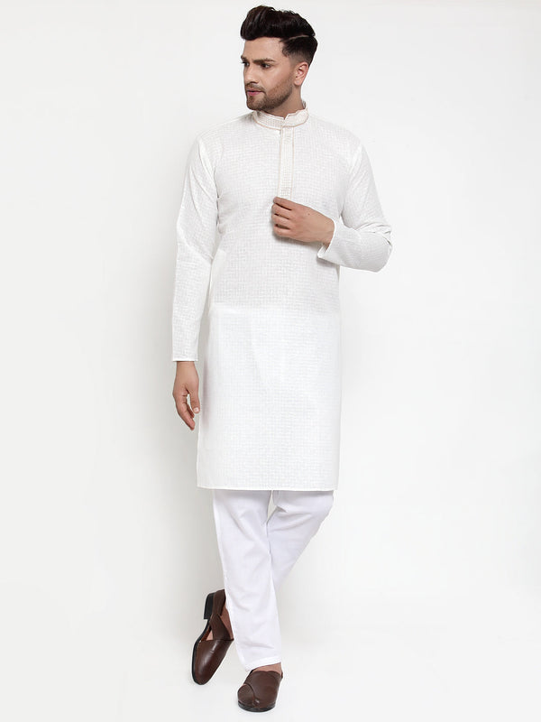 Men's White Woven Kurta Payjama Sets ( JOKP 617 White ) - Virat Fashions