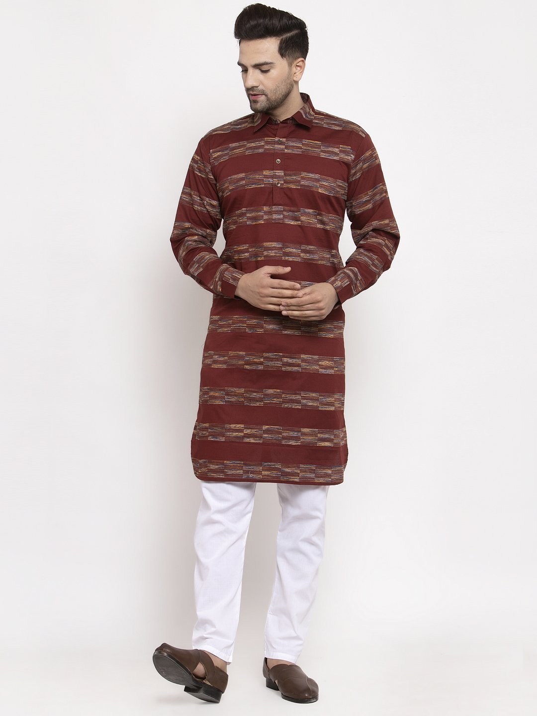 Men Brown Woven Kurta with Pyjamas by Virat Fashions (2pcs Set)