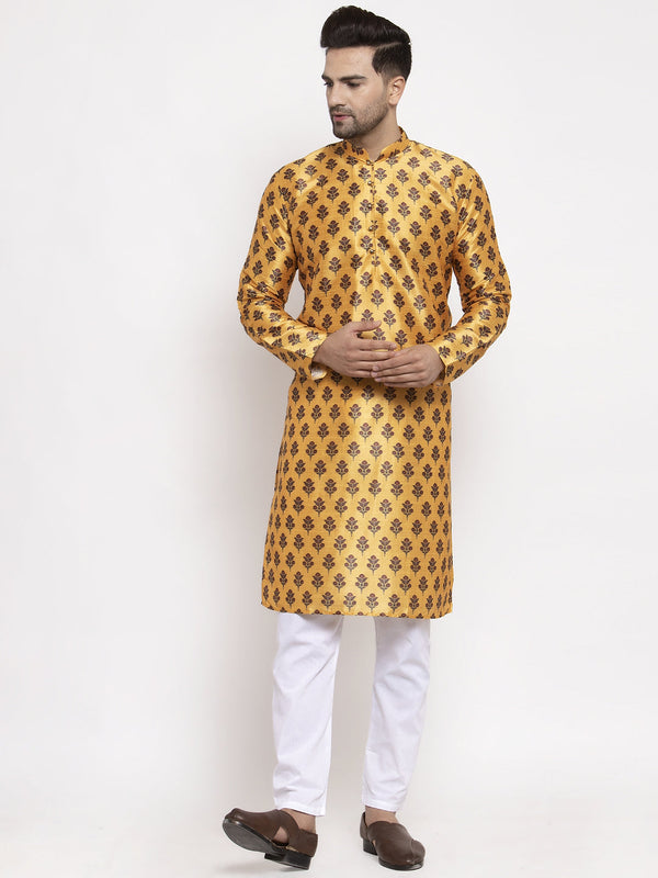 Men's Yellow Printed Kurta Payjama Sets ( JOKP 624 Yellow ) - Virat Fashions