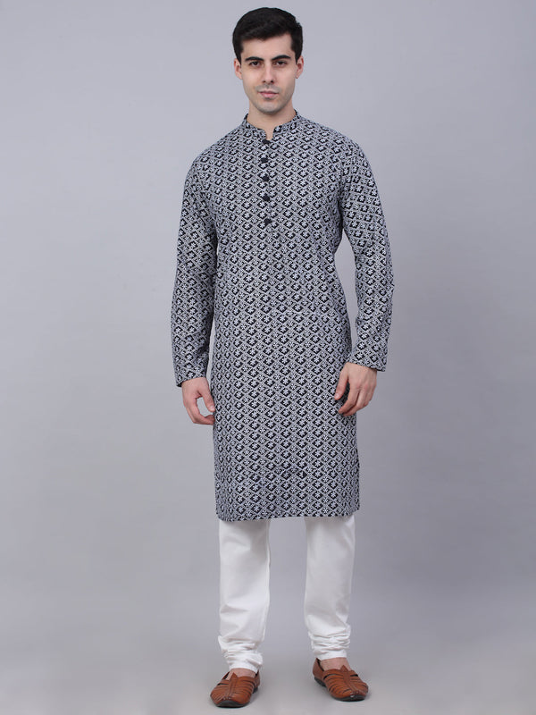 Men's Navy Blue & White Embroidered Straight Kurta Pyjama Set ( Jokp 626 Navy ) - Virat Fashions