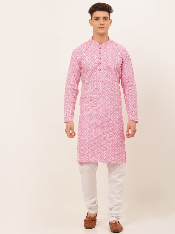 Men's Pink & White Embroidered Straight Kurta Pyjama Set ( Jokp 626 Pink ) - Virat Fashions