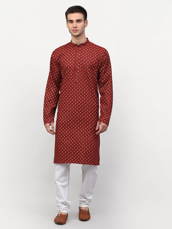 Men's Maroon Printed Kurta Pyjama Sets ( Jokp 627 Maroon ) - Virat Fashions