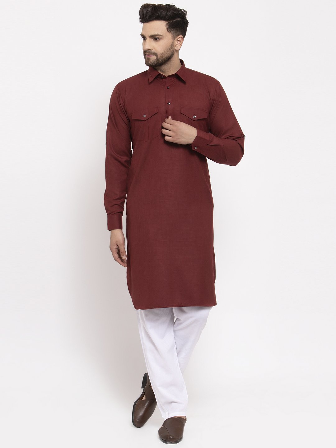 Men's Solid Kurta with White Pyjamas - Virat Fashions