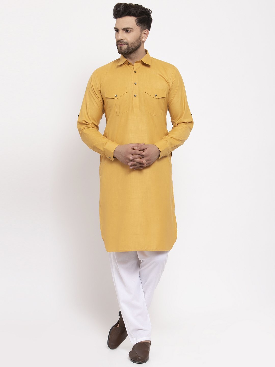 Men's Solid Kurta with White Pyjamas - Virat Fashions