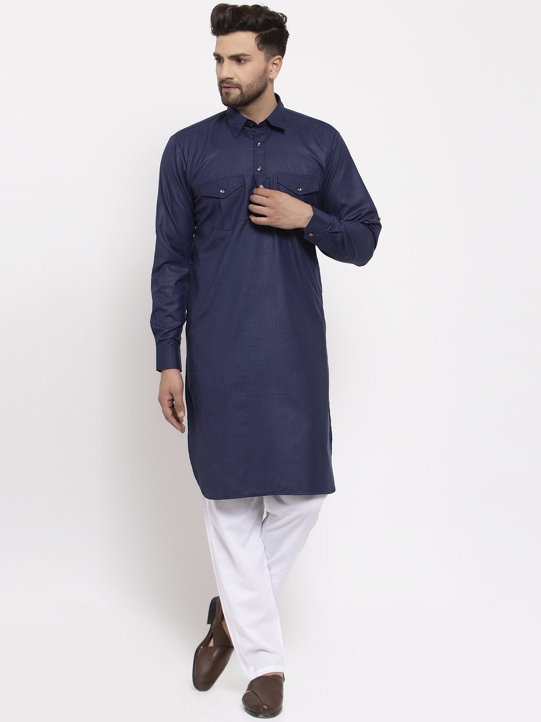 Men's Solid Kurta with White Pyjamas - Virat Fashions