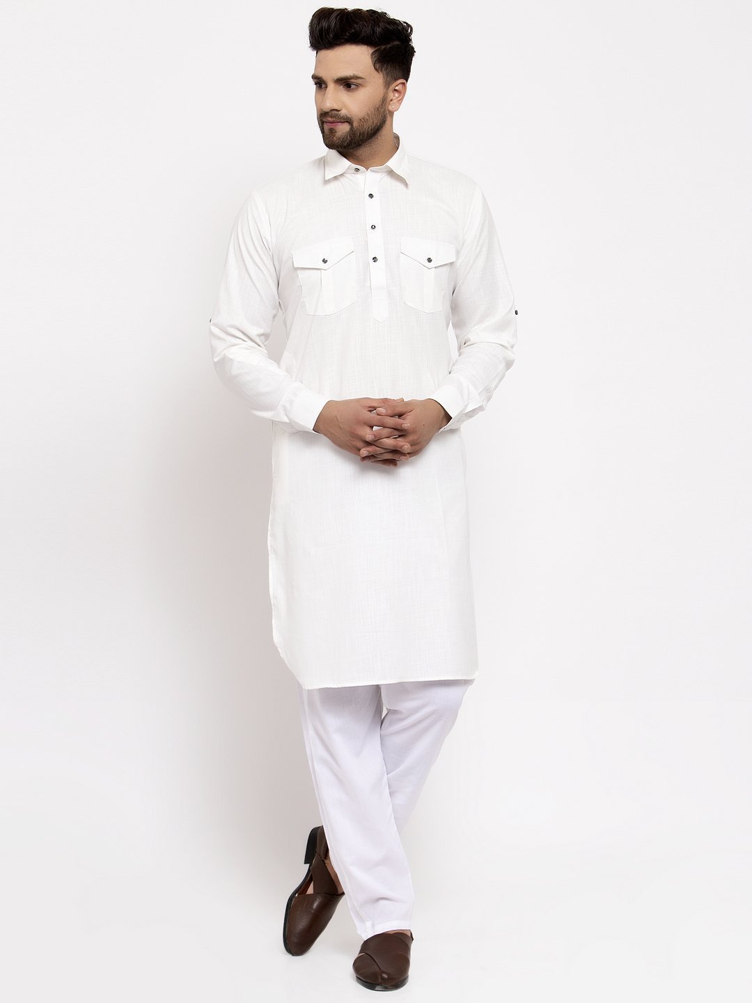 Men's Solid Kurta with White Pyjamas - Virat Fashions