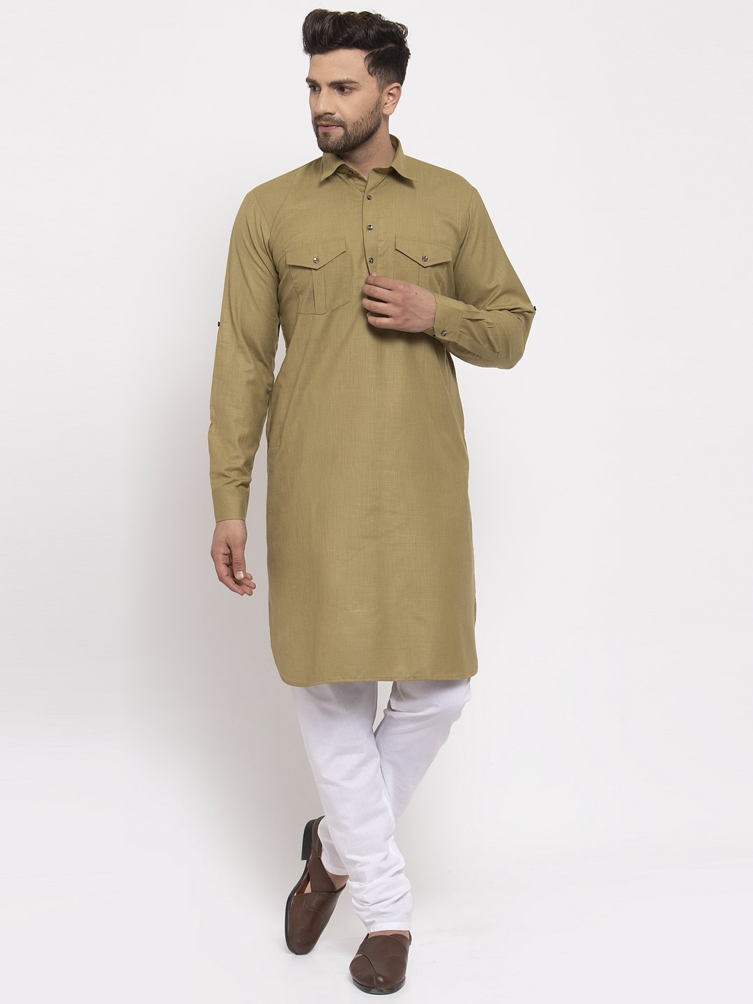 Men's Solid Kurta with White Pyjamas - Virat Fashions