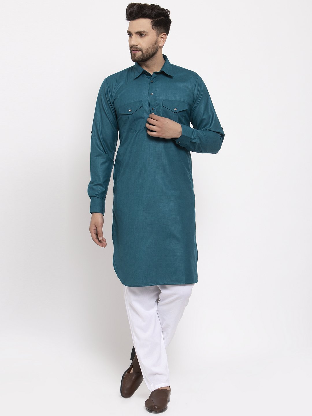 Men's Solid Kurta with White Pyjamas - Virat Fashions