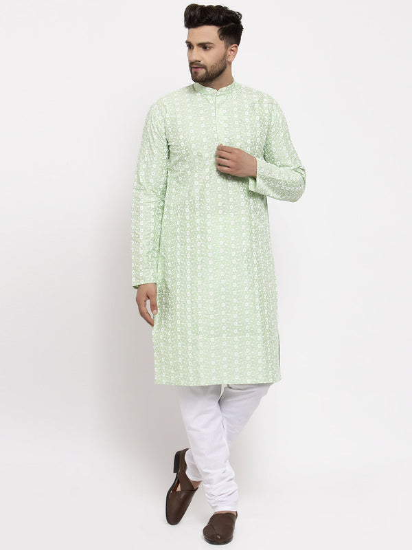 Men's Mint Green Embroidered Kurta with Pyjamas ( JOKP 633 Green ) - Virat Fashions