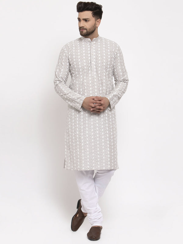 Men's Light Grey Embroidered Kurta with Pyjamas ( JOKP 633 Grey ) - Virat Fashions